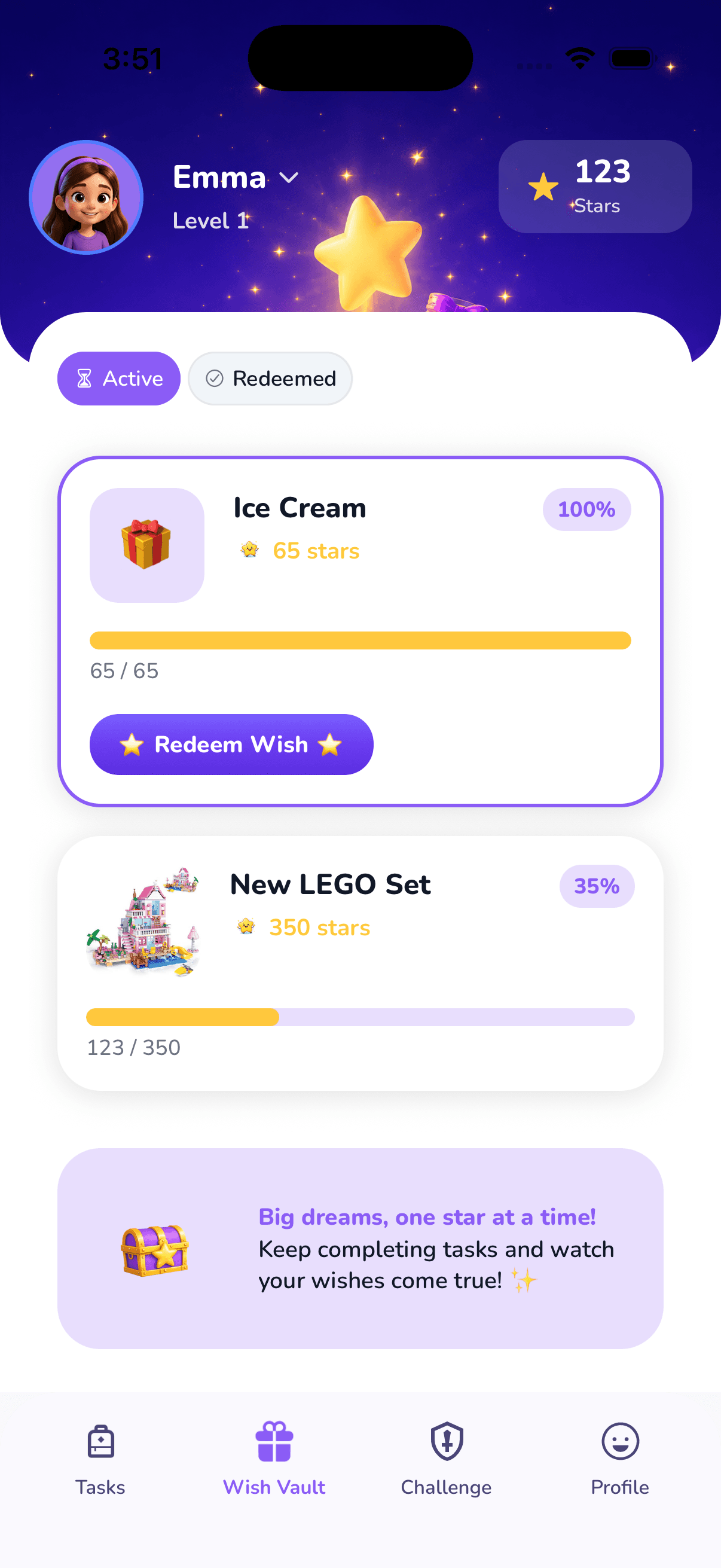 Kid Wish Vault with stars and rewards